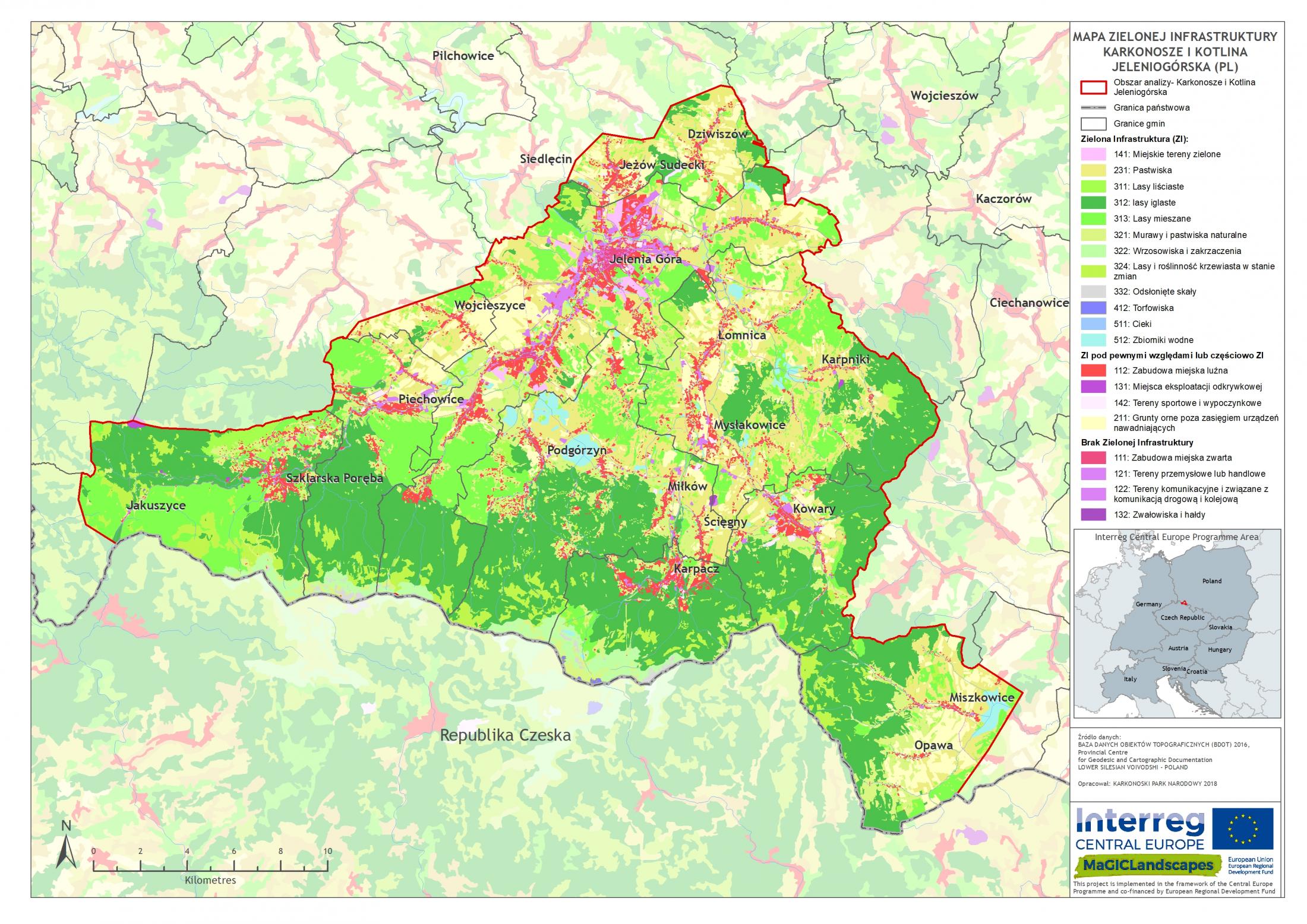 Mapa Zielonej Infrastruktury na podstawie BDOT 1:10 000 z legendą CORINE